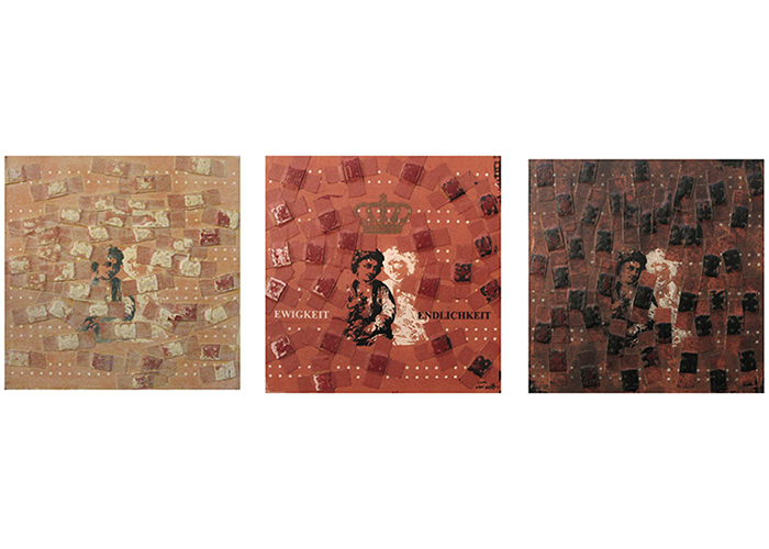 Ewigkeit - Endlichkeit • Triptychon • 3mal 30 x 30 cm  • 3-farbige übermalte Siebdrucke • Acryl, Heftpflaster auf Gewebe/Holz
